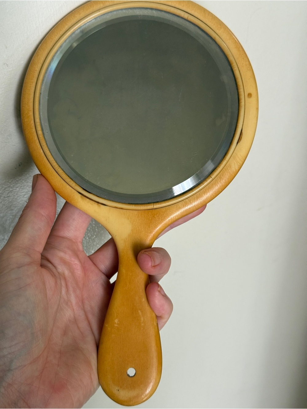 Vintage Handheld beveled Mirror in Honey Amber wood - Unbranded Mcm